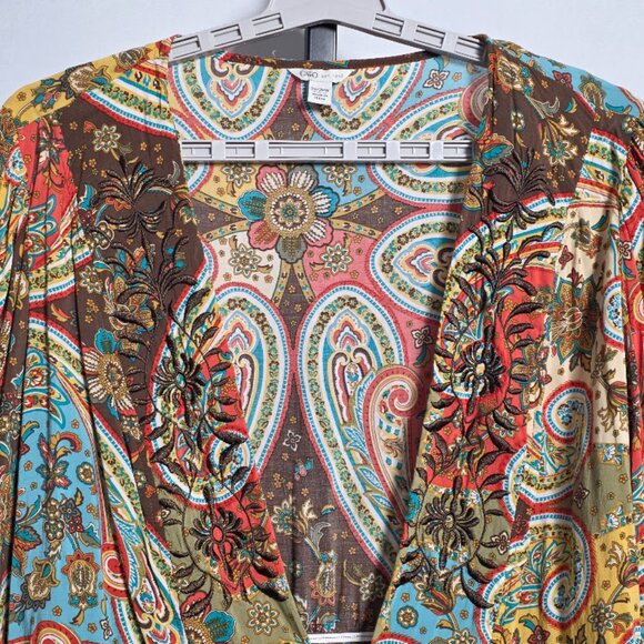 Cato Plus Size 26/28W Rayon Kimono Top Blouse Paisley Floral Embroidered Tie Boh - Picture 5 of 8